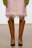 Cashew brown knee-high boots with low block heel and front seam stitching