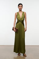 Olive green silk maxi dress, sleeveless V-neck with twisted waist detail and side drape