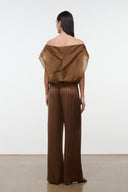 Cigar brown silk wide-leg pants, back view with tapered seam at waist