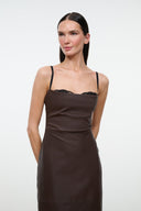 Brown leather midi dress with spaghetti straps and sweetheart neckline