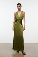 Olive green silk maxi dress with deep V-neck and twisted knot at waist, side view