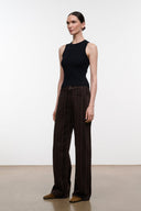 Dark brown relaxed jeans with espresso pinstripes and wide, straight legs