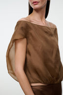 Cigar-brown off-shoulder draped blouse with short wide sleeves