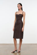 Brown leather midi sheath dress with spaghetti straps and straight hem