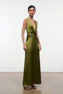 Olive green silk maxi dress, sleeveless deep V-neck, gathered knot waist and side slit