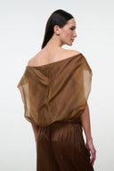 Cigar-brown off-shoulder draped back top with short sleeves