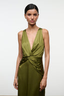 Olive green silk dress sleeveless deep V-neck with draped twisted waist knot