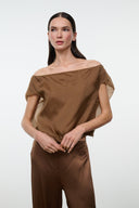Cigar-brown off-shoulder top with gathered hem and short sleeves