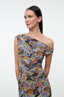 AMARIS dress in multicolor mosaic print, off-shoulder one-strap drape, fitted waist.