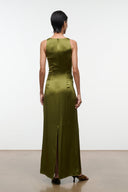 Olive green silk maxi dress back view, sleeveless with center seam and back slit