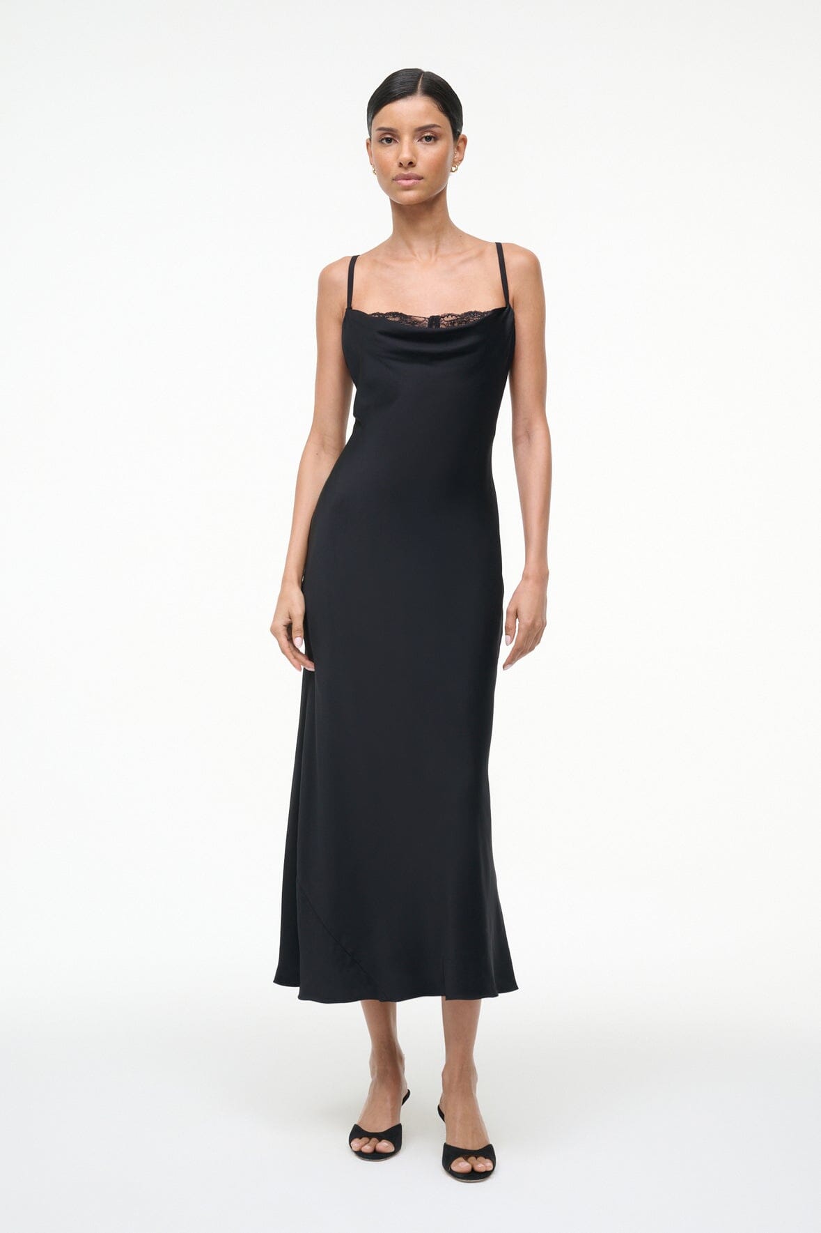Image EVANGELINE SILK MIDI DRESS | BLACK 3 of 8 and Clicking this image will trigger a zoom pop-up