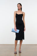 Black ruched midi dress with spaghetti straps and side drape