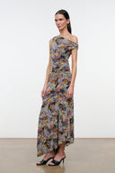 AMARIS dress in multicolor mosaic print, off-shoulder neckline with cap sleeves, midi length.