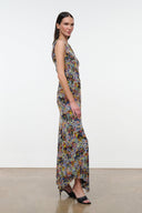 AMARIS dress in multicolor mosaic print, one-shoulder drape, cap sleeves, midi hem.