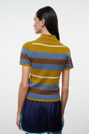 Cashmere polo sweater with yellow, blue, and brown horizontal stripes; ribbed collar
