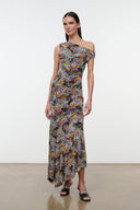 AMARIS dress in multicolor mosaic print, asymmetric off-shoulder drape, fitted midi skirt.