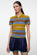 Striped cashmere polo sweater in mustard yellow, blue, and brown; buttoned collar