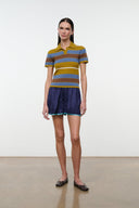 Striped cashmere polo sweater with yellow, blue, and brown bands; short sleeves