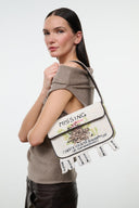 Beaded mini shoulder bag with black trim, cream body and multicolor front lettering