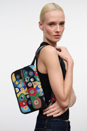 Beaded tote bag with colorful millefiori pattern and black trim