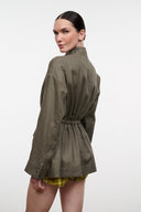 Olive linen jacket with high collar, full zip, gathered waist, long sleeves
