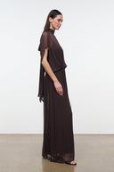 Chocolate-brown long maxi dress with high neck and side drape detail