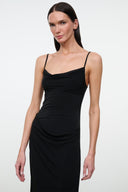 Black midi slip dress with spaghetti straps and cowl neckline detail