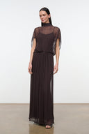 Dark brown high-neck sheer maxi dress with elastic waist and flowing pleated skirt