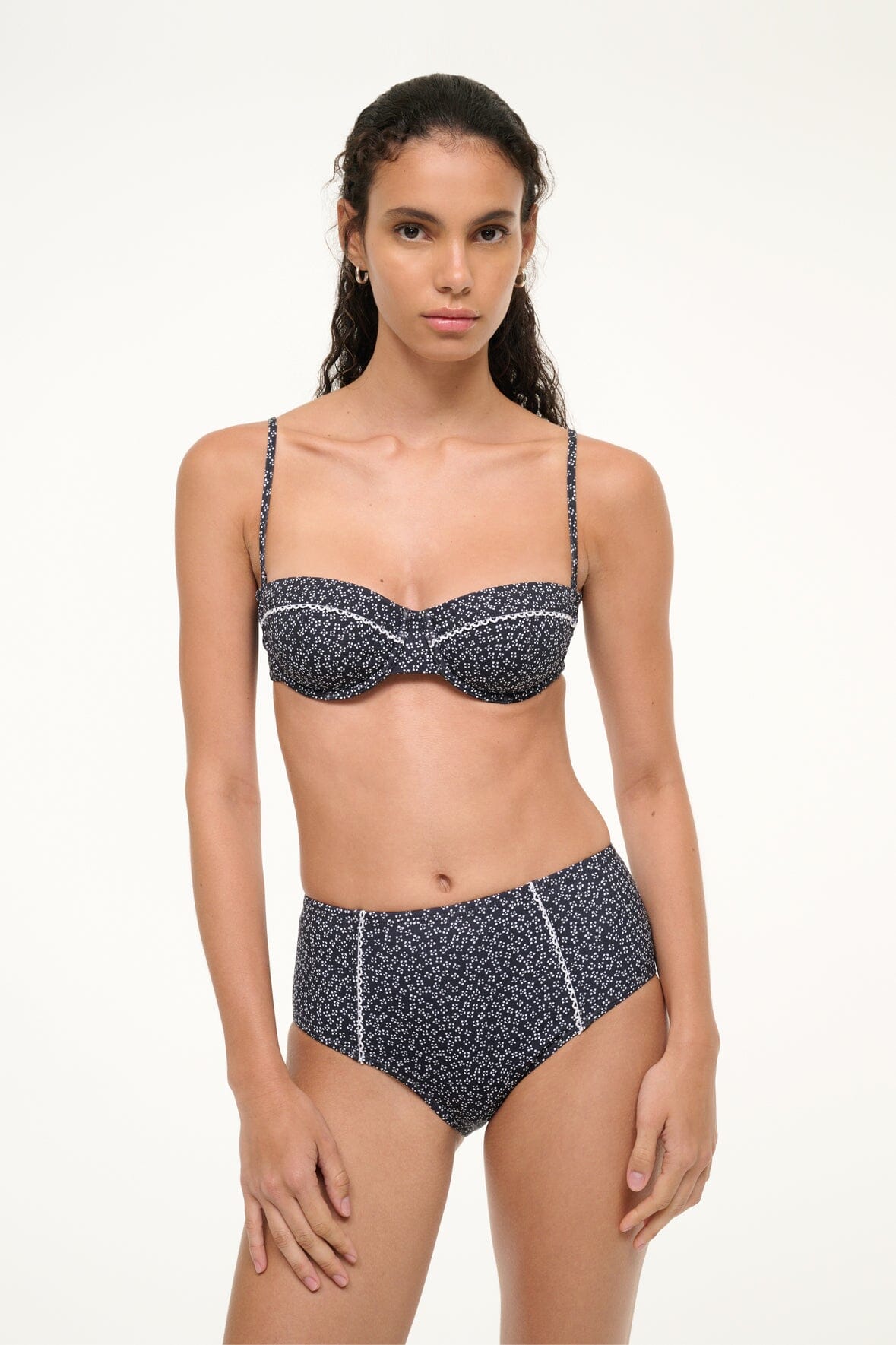 Image JO BALCONETTE BIKINI TOP | BLACK WOODBLOCK DITSY FLORAL 1 of 6 and Clicking this image will trigger a zoom pop-up