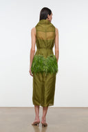 BISOU olive green sleeveless midi dress with cowl neck and green feather fringe hem (back)