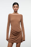 Women's brown draped long-sleeve mini dress with round neckline