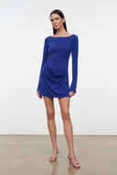 BLAKELY dress in royal blue with crew neck and long sleeves, draped ruched waist