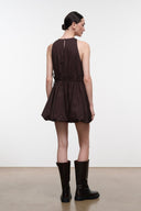 Dark brown sleeveless mini dress, back view, gathered waist with ruched skirt