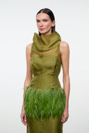 BISOU olive green sleeveless midi dress with cowl neck and green feather fringe hem