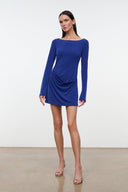 BLAKELY blue long-sleeve mini dress with crew neck and side draped ruched detail