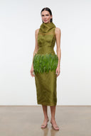 BISOU olive green sleeveless midi dress with cowl neck and green feather fringe