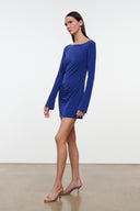 BLAKELY blue long-sleeve mini dress with crew neck, gathered drape at front