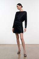 Black silk mini dress with ruched front waist and long sleeves