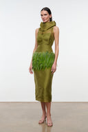 BISOU olive green sleeveless midi dress with cowl neck and green feather fringe (side view)