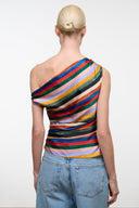 PHARE silk top in multicolor diagonal stripes, open back one-shoulder design