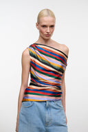 PHARE silk top with multicolor diagonal stripes, one-shoulder draped neckline