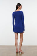 BLAKELY blue long-sleeve mini dress, crew neckline, back view with smooth drape