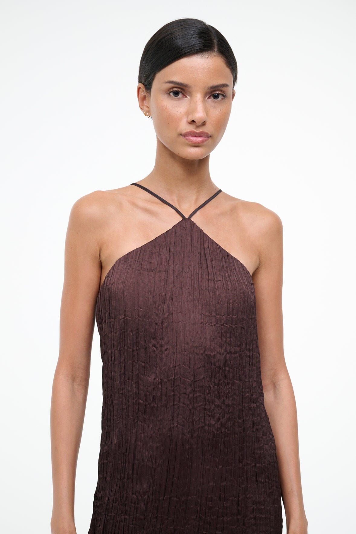 akari halter dress Akari | Brown Crew-Neck Maxi Dress With Satin Skirt
