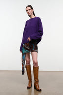 Relaxed cashmere crewneck sweater in deep purple, loose fit, long sleeves.