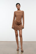 Women's brown draped long-sleeve mini dress with asymmetrical waist ruching