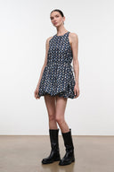 Navy sleeveless mini dress with teardrop print, gathered waist, short flared hem
