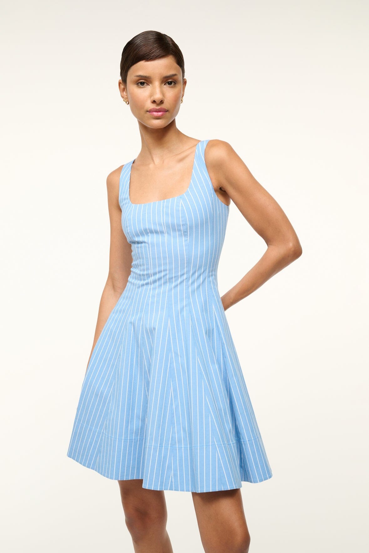 Image MINI WELLS DRESS | AZURE PINSTRIPE 3 of 5 and Clicking this image will trigger a zoom pop-up