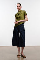 Olive green satin silk mock-neck short-sleeve top with draped detail