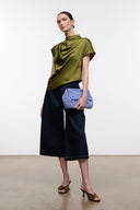 Olive green satin silk mock-neck top with short sleeves and draped neckline
