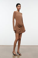 Women's brown draped long-sleeve mini dress with round neck and side drape